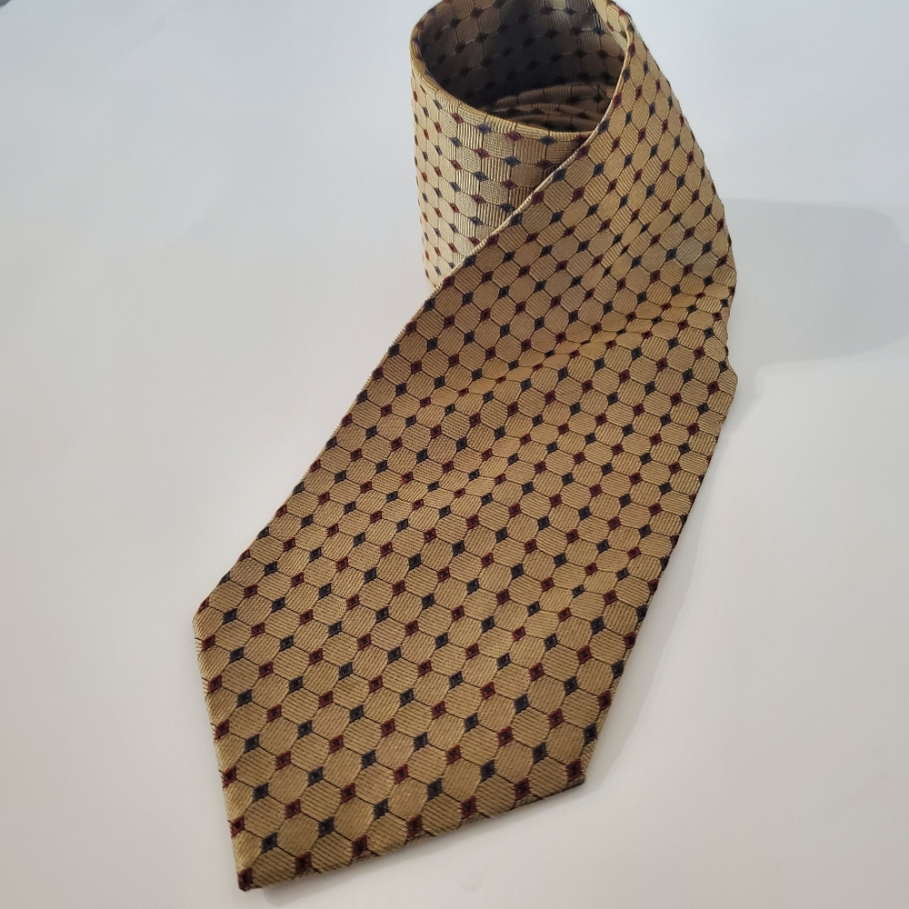 EQUESTRIAN FIRENZE 100% Silk Italy Neck Tie Shimmer Gold Blue Red Geo Print VTG
